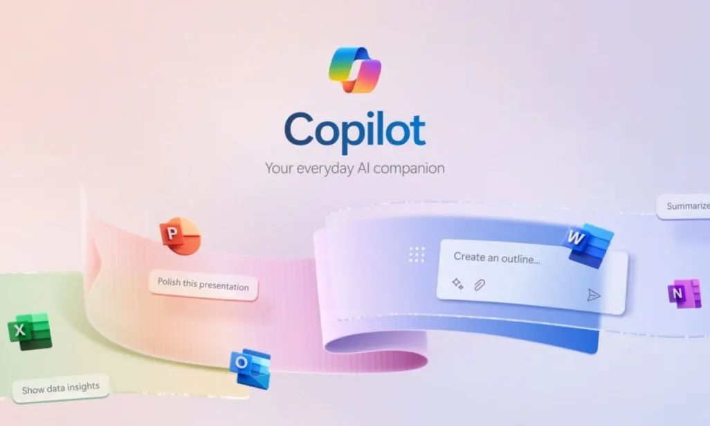 Farbiger Copilot-Schriftzug über einer schwebenden, farbigen Welle mit Icons von Microsoft-Apps (Excel, PowerPoint, Outlook, Word, OneNote) und Aktionsvorschlägen.