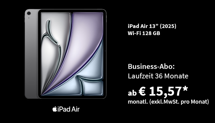 Apple iPad Air 13" Wi-Fi 128 GB. Business-Abo: Laufzeit 36 Monate ab € 15,57* monatl. (exkl. MwSt. pro Monat)
