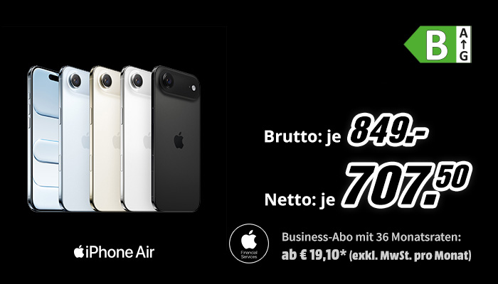 Schwarzer Hintergrund. Links stehen vier iPhone-Modelle in den Farben Blau, Weiß, Gold und Schwarz nebeneinander, darunter der Schriftzug 'Apple iPhone Air'. Rechts stehen die Preise: 'Brutto: je 849,-' und 'Netto: je 707,50'. Unten rechts befindet sich das Logo der Apple Financial Services mit dem Hinweis 'Business-Abo mit 36 Monatsraten: ab € 19,10* (exkl. MwSt. pro Monat)'. Oben rechts ist ein Energieeffizienz-Label der Klasse B abgebildet.