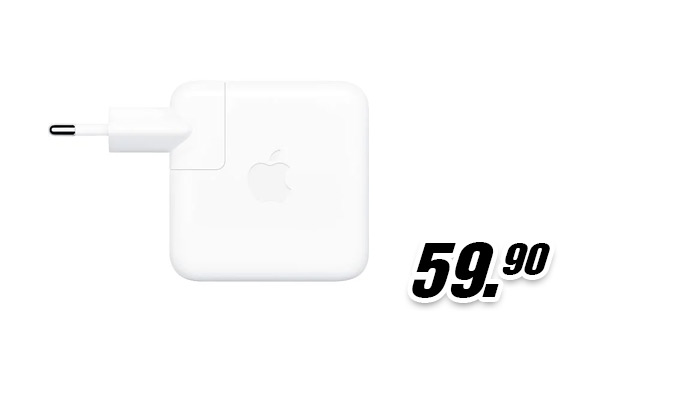 Weißes Apple‑Netzteil mit Euro‑Stecker, Preisangabe 59,90 € auf weißem Hintergrund.