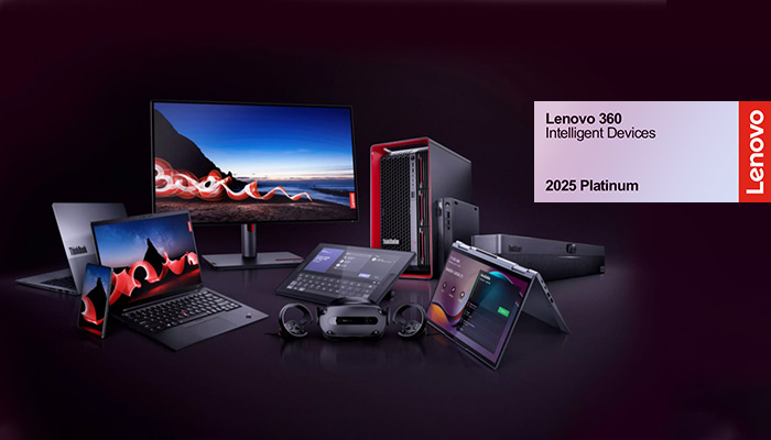Verschiedene Lenovo Think-Geräte, darunter Laptops, ein Desktop-PC, Tablets und Zubehör, angeordnet auf einem dunklen Hintergrund. Rechts oben ist das Lenovo-Logo sowie die Bezeichnung "Lenovo 360 Intelligent Services 2025 Platinum" sichtbar.