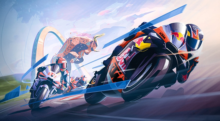 Futuristisches Motorrad mit Fahrer in buntem Design, fliegend über Landschaft mit geometrischen Elementen.