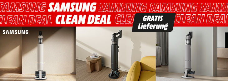 amsung Clean Deal: Banner mit rotem Hintergrund und der Aufschrift ‚Samsung Clean Deal‘, dem Hinweis ‚GRATIS Lieferung‘ sowie drei abgebildeten Samsung-Akkustaubsaugern in verschiedenen Farben