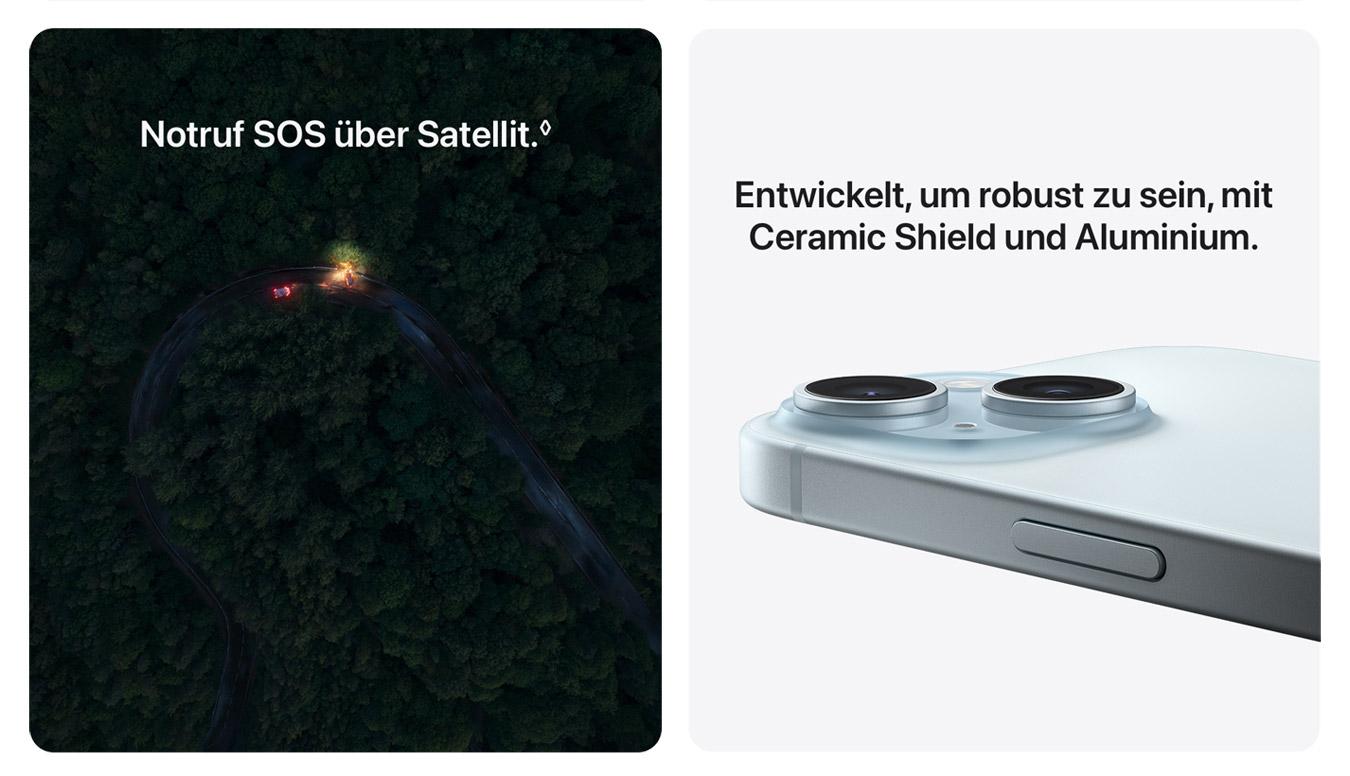 Links: Dunkler Wald mit Straße, Auto mit Lichtern. Rechts: Nahaufnahme eines hellblauen Smartphones mit zwei Kameras.