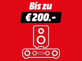 Roter Hintergrund mit Text: Bis zu € 200,-. Darunter ein Iconbild von einer Soundbar.