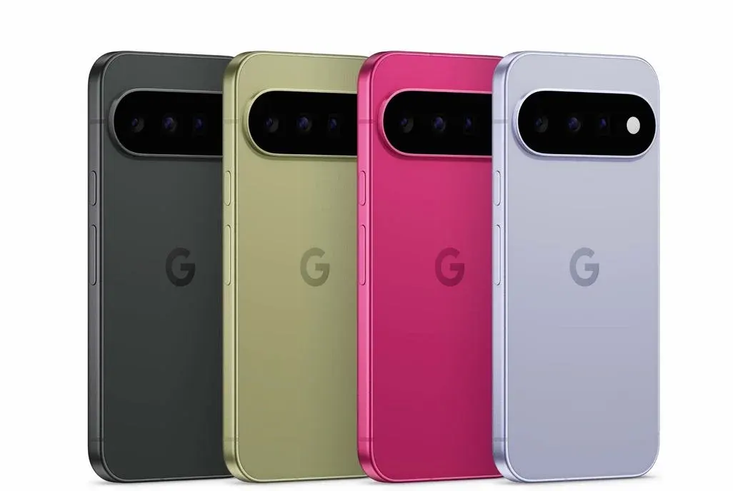 Google Pixel 11 Smartphones in vier Farben – Frost, Pistachio, Hibiscus und Obsidian – Rückseite mit charakteristischer Kameraleiste und G-Logo.