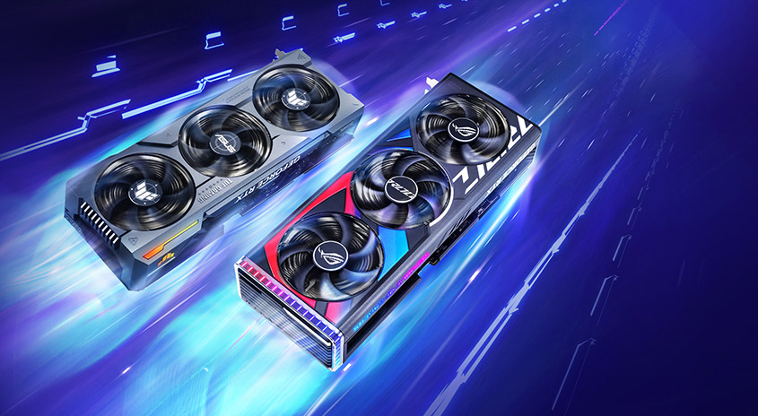 Zwei Grafikkarten mit Lüftern auf blauem Hintergrund mit Lichteffekten. Die eine ist grau, die andere mit roten und blauen Akzenten.