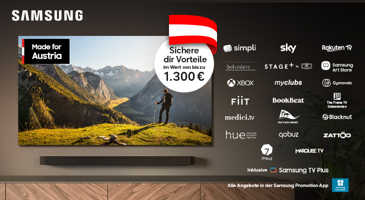  Wand‑TV mit Berglandschaft, Badge „Made for Austria“ und Hinweis „Sichere dir Vorteile bis zu 1.300 €“, daneben viele Partner‑Logos.