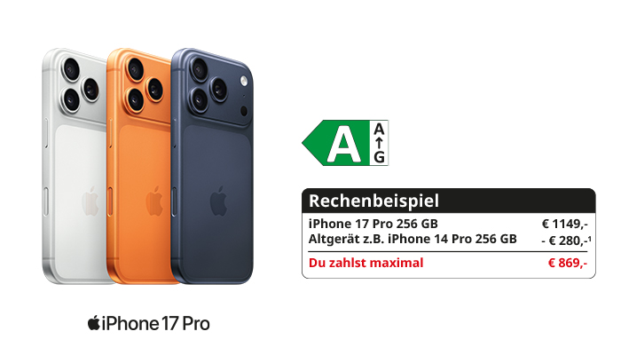 Drei Apple iPhone 17 Pro in Weiß, Orange und Dunkelblau, jeweils von der Rückseite mit drei Kameralinsen dargestellt. Daneben Energieeffizienzklasse A und ein Rechenbeispiel: iPhone 17 Pro 256 