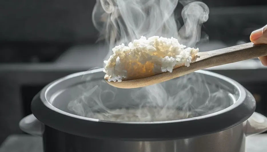 Dampfender Reiskocher, Löffel schöpft Reis.