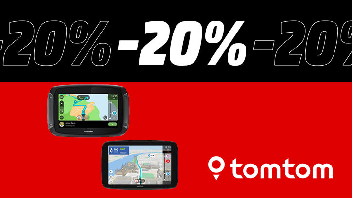 Bild mit schwarz-rotem Hintergrund. In der oberen Hälfte steht -20%. Im Bild befinden sich Produktabbildungen von zwei Auto-Navigationsgeräte. Rechts unten im Bild ist TomTom-Logo zu sehen.