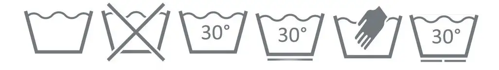 Textilpflege-Waschsymbole: Handwäsche, nicht waschen, Maschinenwäsche bei 30°C normal, schonend und mit Handwäsche-Programm.