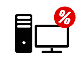 Schwarzes Symbol eines eines PC Rechners und eines Monitors. Ein rotes Prozentzeichen auf dem Bild soll ein Hinweis auf Angebote im Bereich "PC Desktop, Drucker & Monitore" sein.