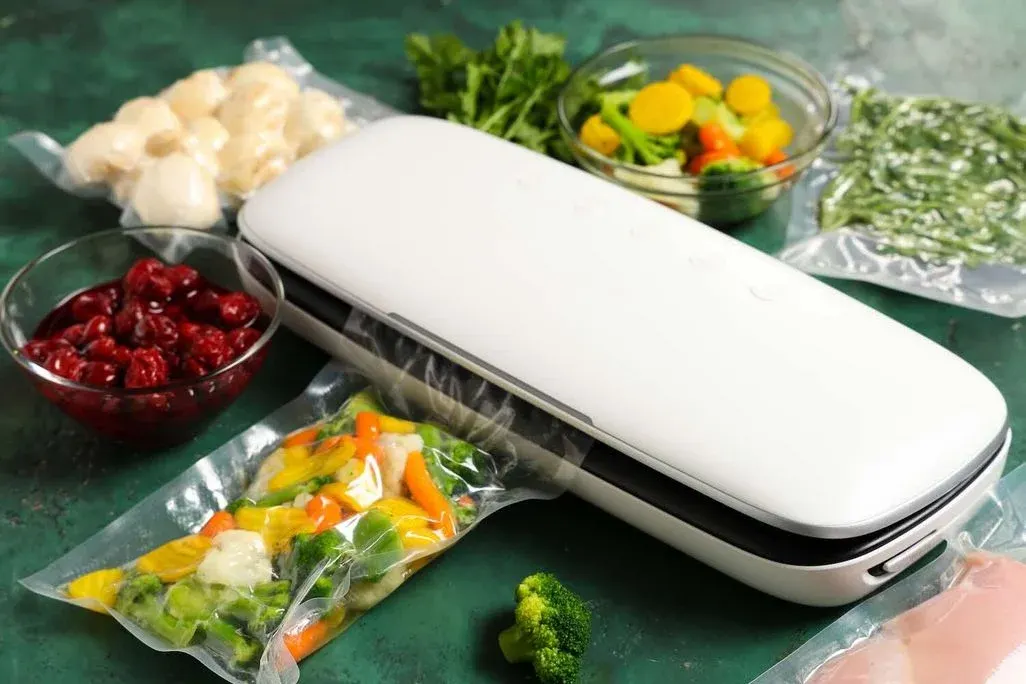 Weißes Vakuumiergerät versiegelt einen Beutel mit Mischgemüse; rundherum Blumenkohl, Beeren, Kräuter und weiteres frisches Gemüse auf grüner Fläche.