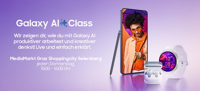 Galaxy AI Class Banner: Samsung Galaxy Smartphone mit AI-Features, Galaxy Buds und Smartwatch auf violettem Farbverlauf. Text: Galaxy AI Class – Wir zeigen dir, wie du mit Galaxy AI produktiver arbeitest und kreativer denkst!