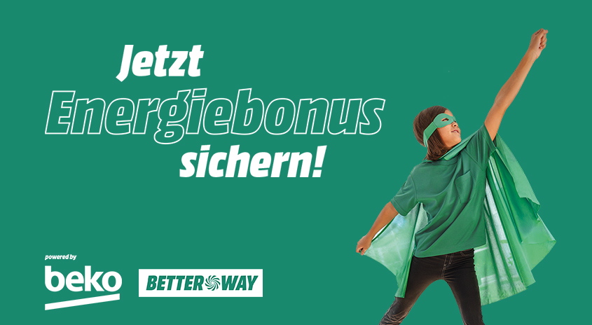 Grüner Hintergrund mit Text "Jetzt Energiebonus sichern!", Beko-Logo und einer Person in grüner Superhelden-Verkleidung.