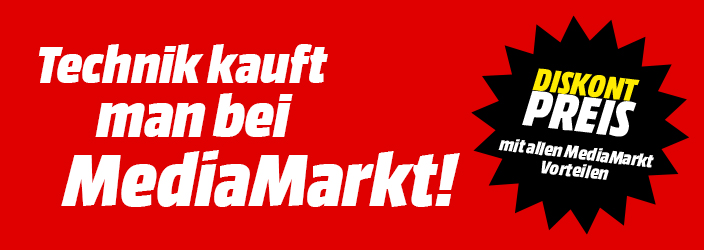 Bild mit rotem Hintergrund. Text links im Bild: Technik kauft man bei MediaMarkt! Rechts davon ein schwarzer Einklinker mit dem Text: Diskontpreis mit allen MediaMarkt Vorteilen!