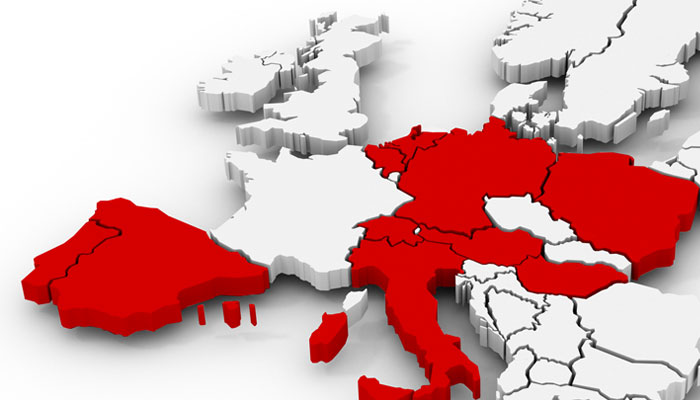 Eine dreidimensionale Karte Europas, wobei einige Länder rot und andere weiß dargestellt sind.