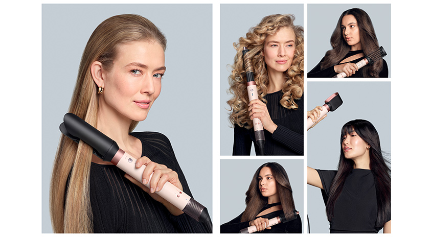 Mehrere Frauen stylen ihre Haare mit einem multifunktionalen Haarstyler und zeigen verschiedene Stylings wie Locken, Glätten und Föhnen.