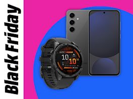 Smartphone und Smartwatch vor farbigem Kreis in Pink und Blau. Links im Bild steht: Black Friday.