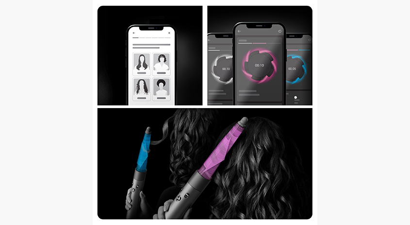 Handys zeigen App-Oberflächen; Lockenstäbe mit blauen und rosafarbenen Lichtern vor dunklem Hintergrund.