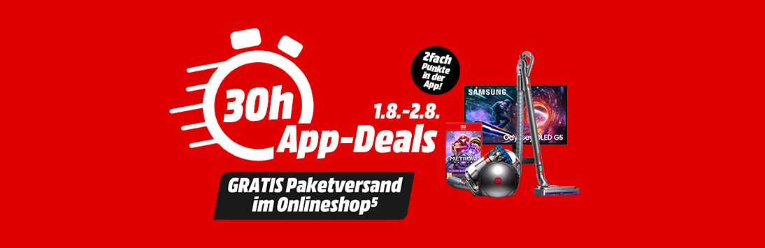 30h App-Deals. Gültig von 1.8. bis 2.8. Gratis Paketversand im Onlineshop. 2fach Punkte in der App!