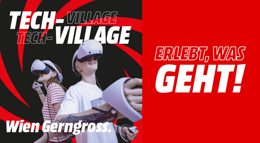 Sicherheitsanzeige mit dem Text "Tech-Village" und zwei Personen mit VR-Headsets auf rotem und schwarzem Hintergrund.