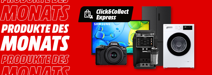 Banner mit „Click&Collect Express“; abgebildet sind ein Samsung TV, eine Canon Kamera, ein Kaffeevollautomat, ein schwarzer Kühlschrank und eine weiße Waschmaschine vor rotem Hintergrund.
