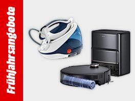 Bild mit hellgrauem Hintergrund und einem roten Streifen links und weißem Text "Frühjahrsangebote"; rechts im Bild einer Bügeldampfstation und eines Saugroboters