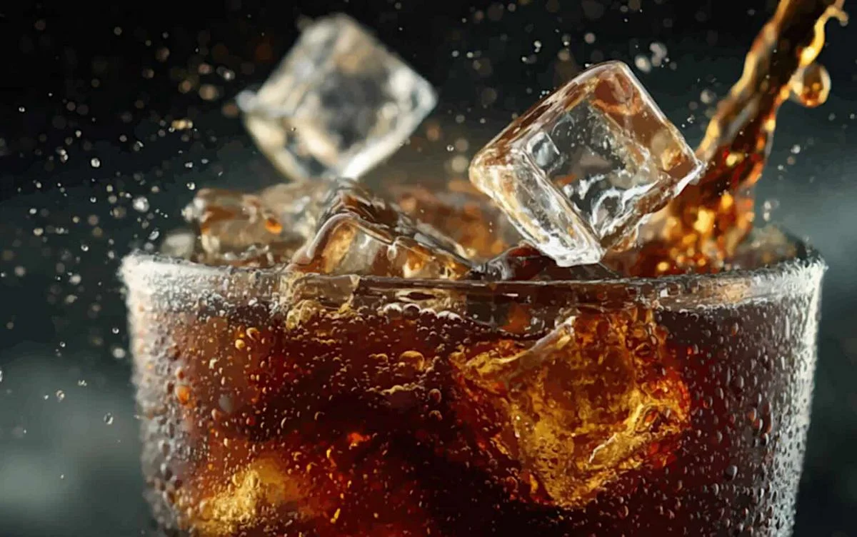 Glas mit sprudelndem Cola‑Getränk und Eiswürfeln, Flüssigkeit wird eingegossen und Tropfen spritzen.