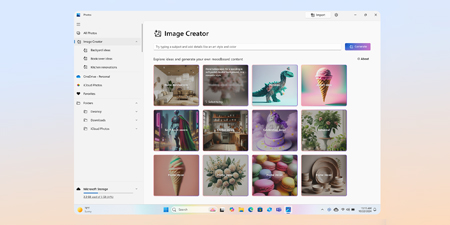 Ein heller Computerbildschirm zeigt die Benutzeroberfläche von "Image Creator" mit einer Sammlung von generierten Bildern in einem Raster.