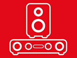Bild mit rotem Hintergrund, darauf ein Piktogramm in weiß von einer Soundbar