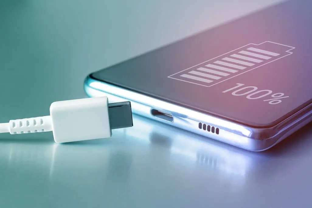 USB-C-Ladekabel liegt vor einem Smartphone mit voller Batterieanzeige auf dem Display