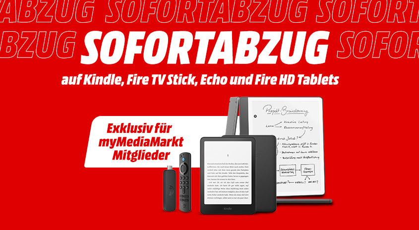 Aktion: Sofortabzug auf Kindle, Fire TV Stick, Echound Fire HD Tablets, exklusiv für myMediaMarkt Mitglieder. Abgebildet sind die genannten Amazon Geräte auf rotem Hintergrund.