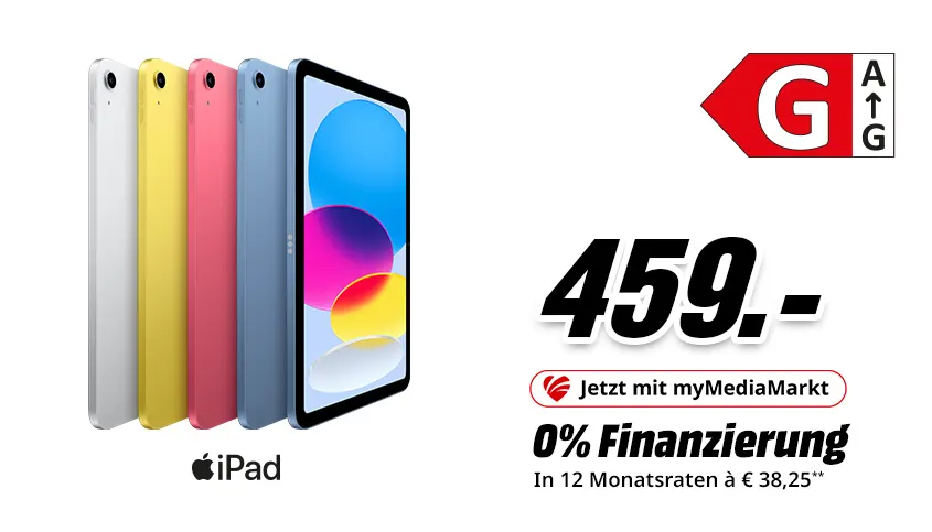 Apple iPad in fünf Farben für 459 Euro, mit myMediaMarkt: 0% Finanzierung in 12 Raten à 38,25 Euro
