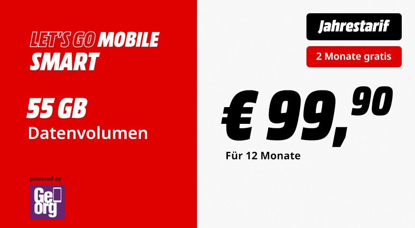 Mobilfunktarif „LET’S GO MOBILE SMART Jahrestarif“ mit 55 GB Datenvolumen für 99,90 Euro pro Monat, powered by Georg.