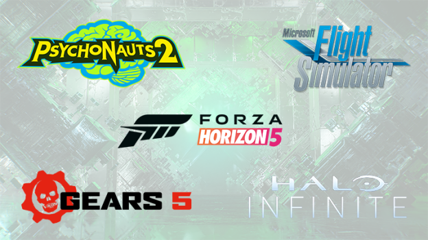 Logos von Videospielen: Psychonauts 2, Flight Simulator, Forza Horizon 5, Gears 5 und Halo Infinite.