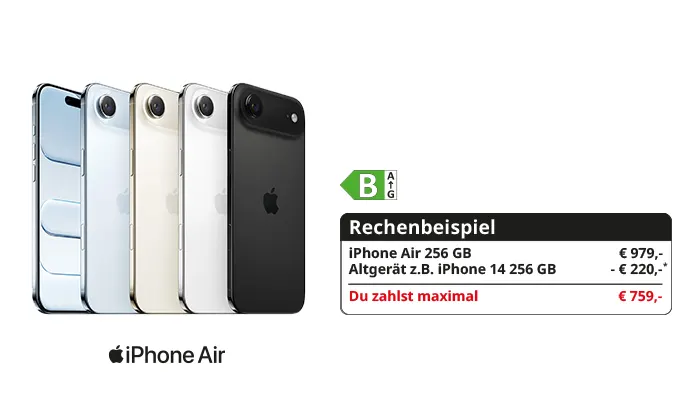 iPhone Air in mehreren Farben; daneben Rechenbeispiel mit Altgerät-Rabatt: iPhone Air 256 GB 979 €, minus 220 €, du zahlst max. 759 €.