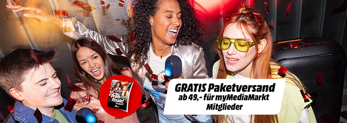 Eine Gruppe von jungen Menschen, die feiern. Text als Einklinker im Bild: Gratis Paketversand ab 49,- mit myMediaMarkt