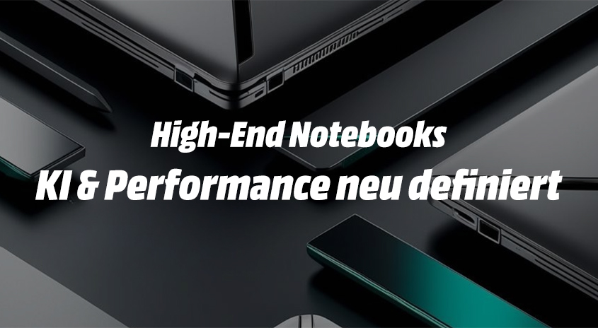 Mehrere schlanke, schwarze Notebooks auf dunklem Hintergrund mit Text "High-End Notebooks KI & Performance neu definiert".
