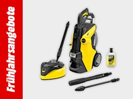 Bild mit hellgrauem Hintergrund und einem roten Streifen links und weißem Text "Frühjahrsangebote"; rechts im Bild eines Kächer Hochdruckreinigers