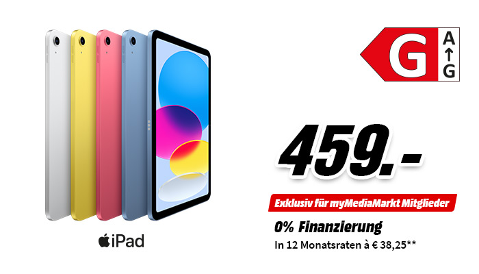 Apple iPad in vier Farben für 459 Euro. Energieklasse G. Exklusiv für myMediaMarkt Mitglieder: 0% Finanzierung in 12 Raten à 38,25 Euro.