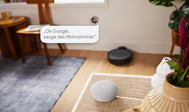 Ein grauer Lautsprecher auf einem Tisch mit Pflanzen, ein Roboterstaubsauger auf dem Holzboden und ein blauer Teppich.