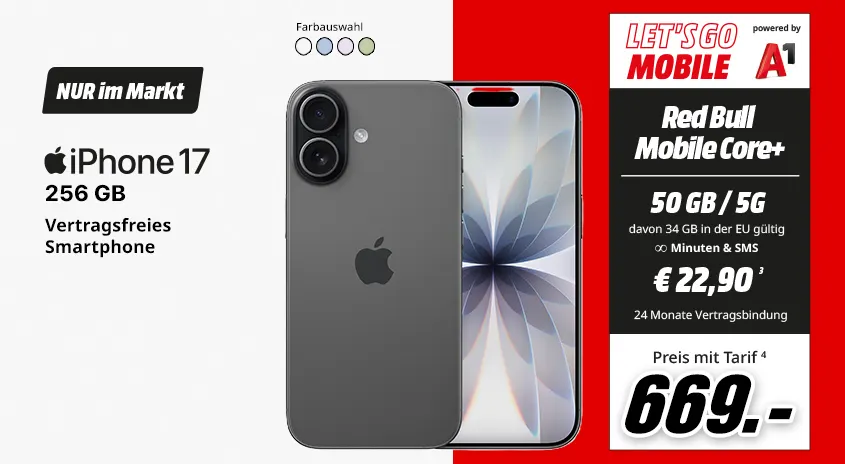 iPhone 17, 256 GB, verschiedene Farben, vertragsfrei im Markt, mit Let's Go Mobile powered by A1 RedBull Mobile Core+ Tarif um € 669,-