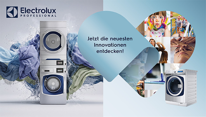 Electrolux Professional Banner mit Waschmaschine, Trockner und Bildcollage zu verschiedenen Anwendungsbereichen, Text: 'Jetzt die neuesten Innovationen entdecken!'