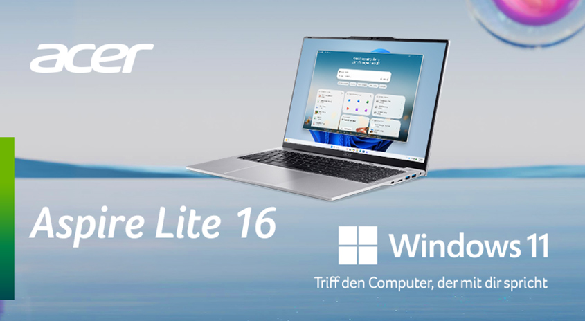 Ein Acer Aspire Lite 16 Laptop auf hellblauen Hintergrund mit dem Windows 11 Logo.