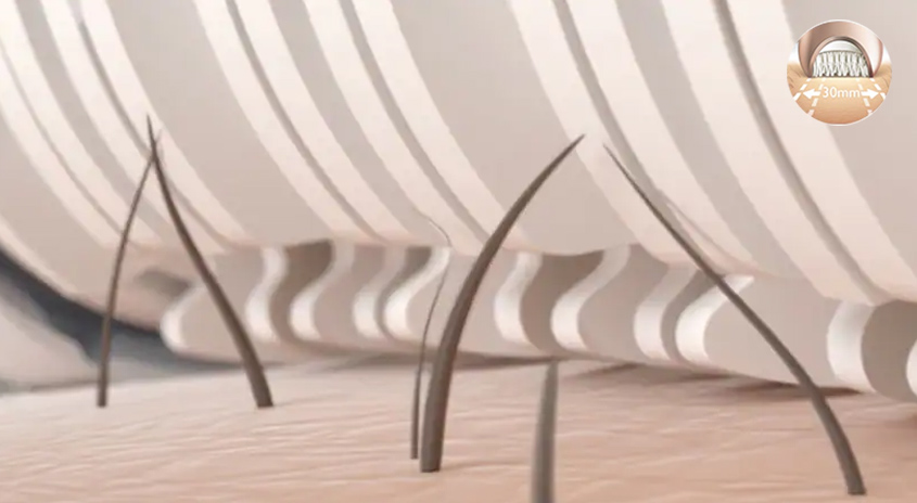 Helle, gestreifte Oberfläche mit einzelnen, dünnen, dunklen Fasern, die in unterschiedlichen Winkeln daraus hervorstehen.