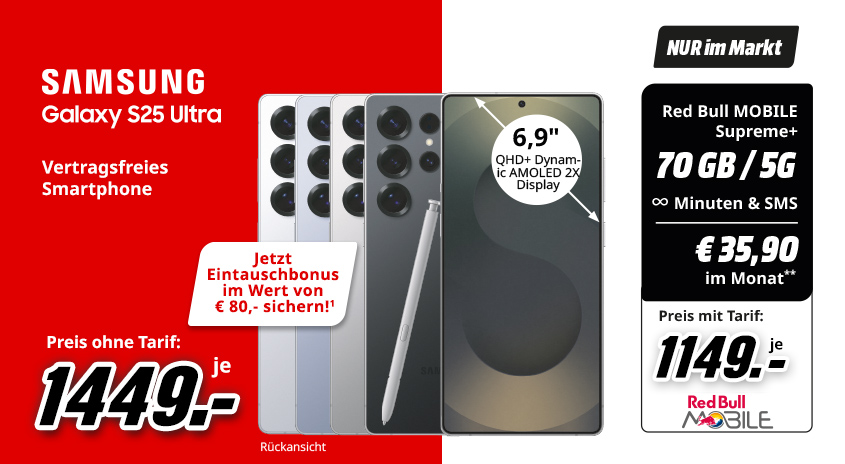 Werbung für Samsung Galaxy S25 Ultra: Telefone in Weiß, Grau und Schwarz mit Stift. Roter Hintergrund mit Preisinformationen.