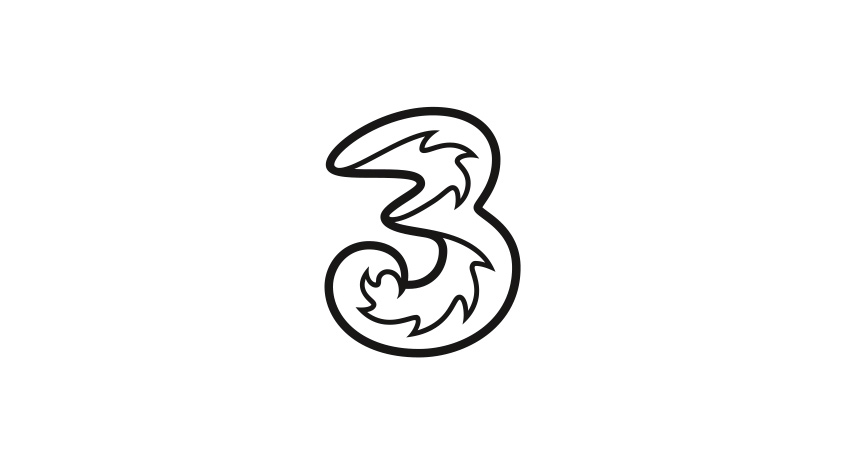 Schwarze stilisierte Zahl Drei auf einem weißen Hintergrund. Die Form ist dynamisch und modern gestaltet.