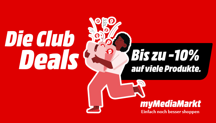 Roter Werbe-Hintergrund mit Text "Die Club Deals" und "Bis zu -10% auf viele Produkte" neben stilisierter Figur mit Einkaufstasche.